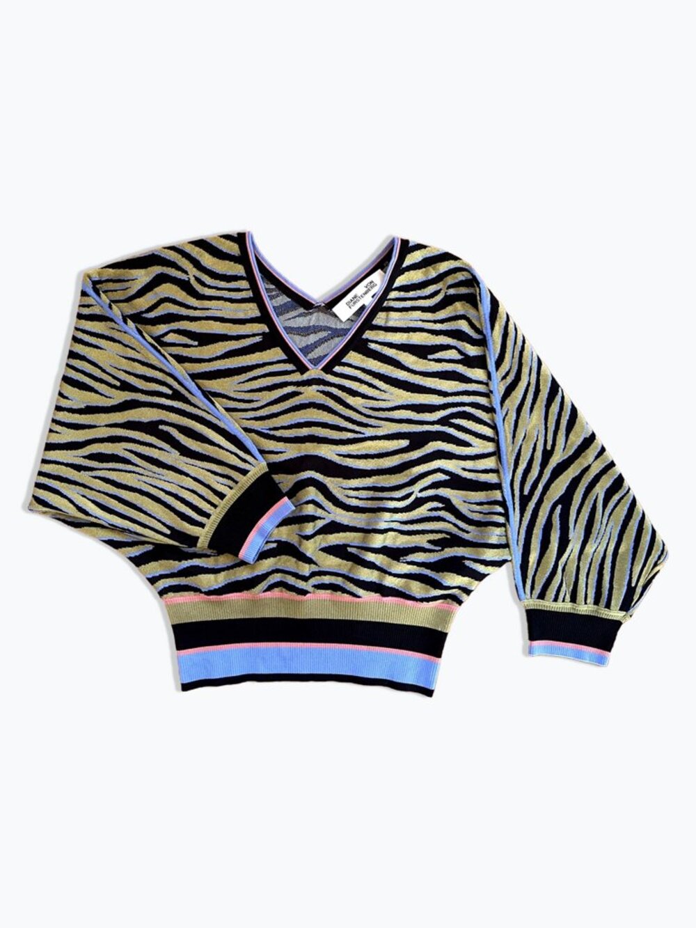 Diane Von Furstenberg Black and Olive Zebra V-Neck Sweater